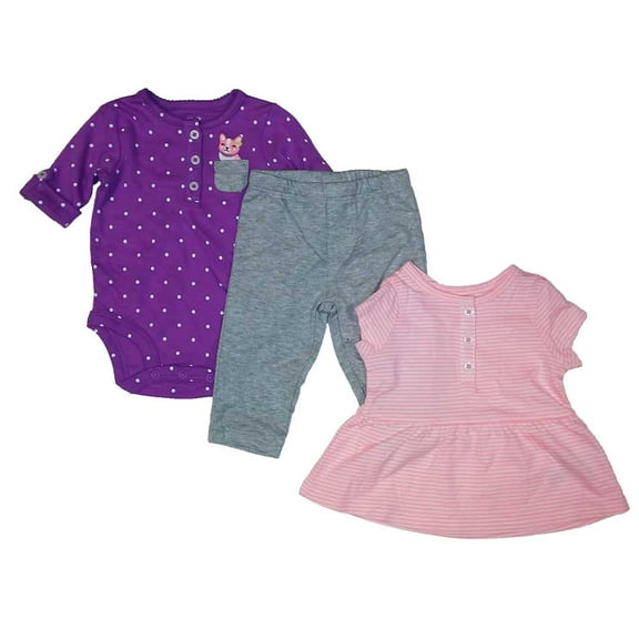 Carter's Baby Girls Bodysuit Pants 3PC Set Striped Pink Purple Dots Grey 3M