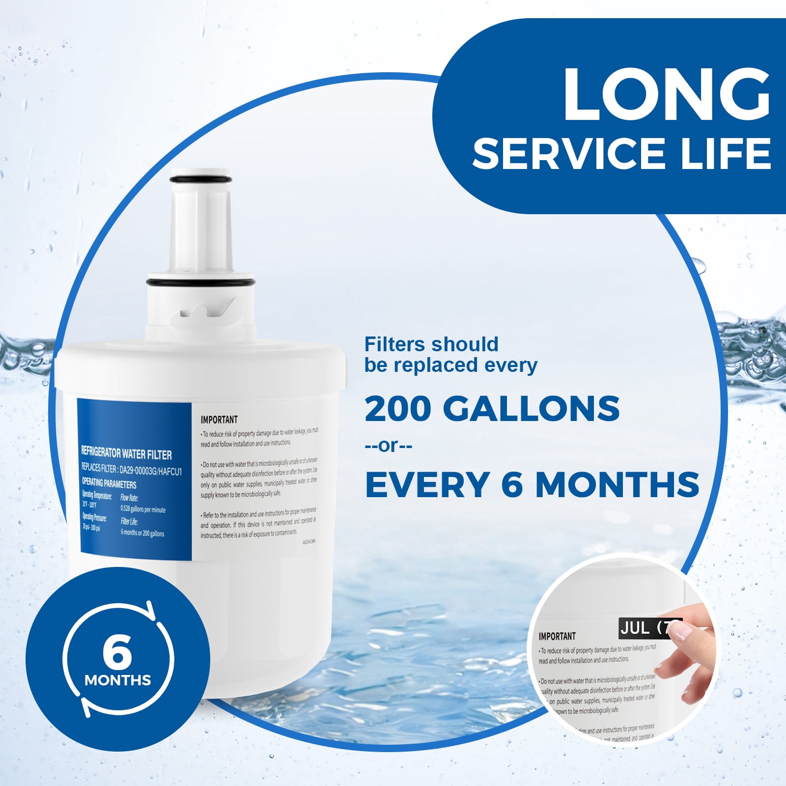Aiqeek Refrigerator Water Filter 3-Pack NSF 42 Certified,Water Filter for Refrigerator,Compatible with Aqua-Pure Plus/DA29-00003G/HAFCU1, 0.5 GPM Fast Flow