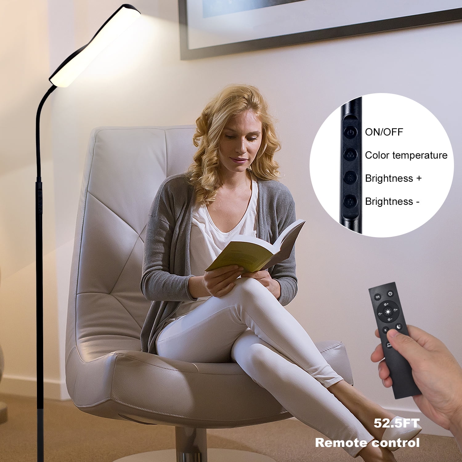 Govvep LED Floor Lamp with Flexible Gooseneck and Touch Sensor with Remote Control for Living Room, Bedroom, Office