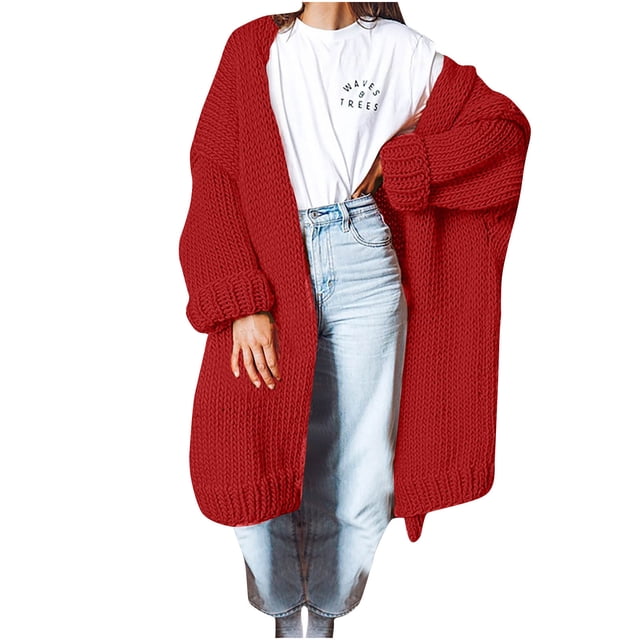 QUYUON Cardigans pour Femmes Rabais Cardigan à Manches Longues pour Femmes Chic Polyester Cardigan pour Femmes Chandail Cardigan Veste Style Q-5876 Chandail Tricoté d'Hiver Manteau d'Extérieur Rouge 3TG