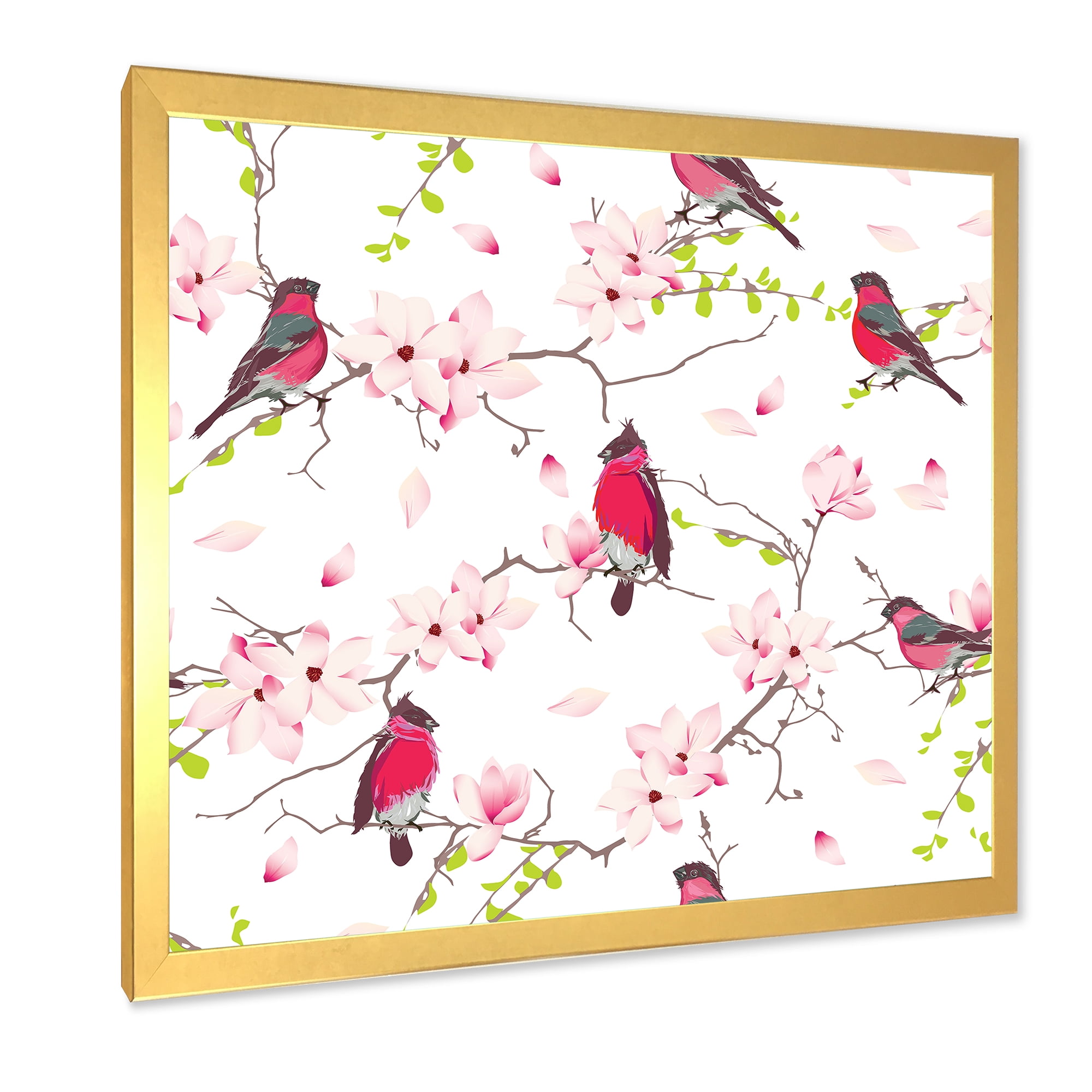 Designart 'Red Bullfinches Sitting On Magnolia Tree' Traditional Framed Art Print