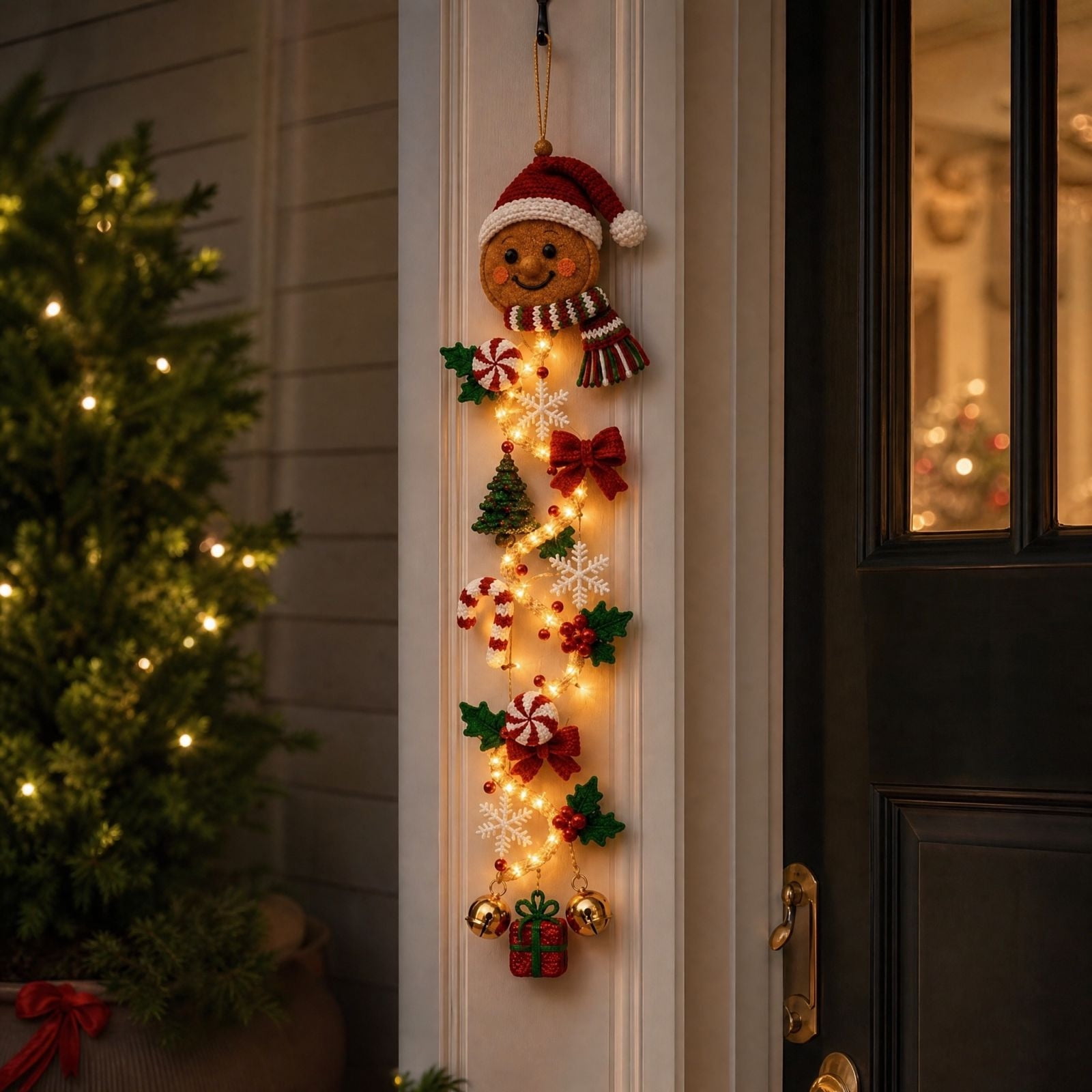 Clearance! Glowing Christmas Door Hanger, Light-Up Rustic Quilted Christmas Wreath, Christmas Decoration Indoor Outdoor, Gift for Family Friends (Gingerbread)