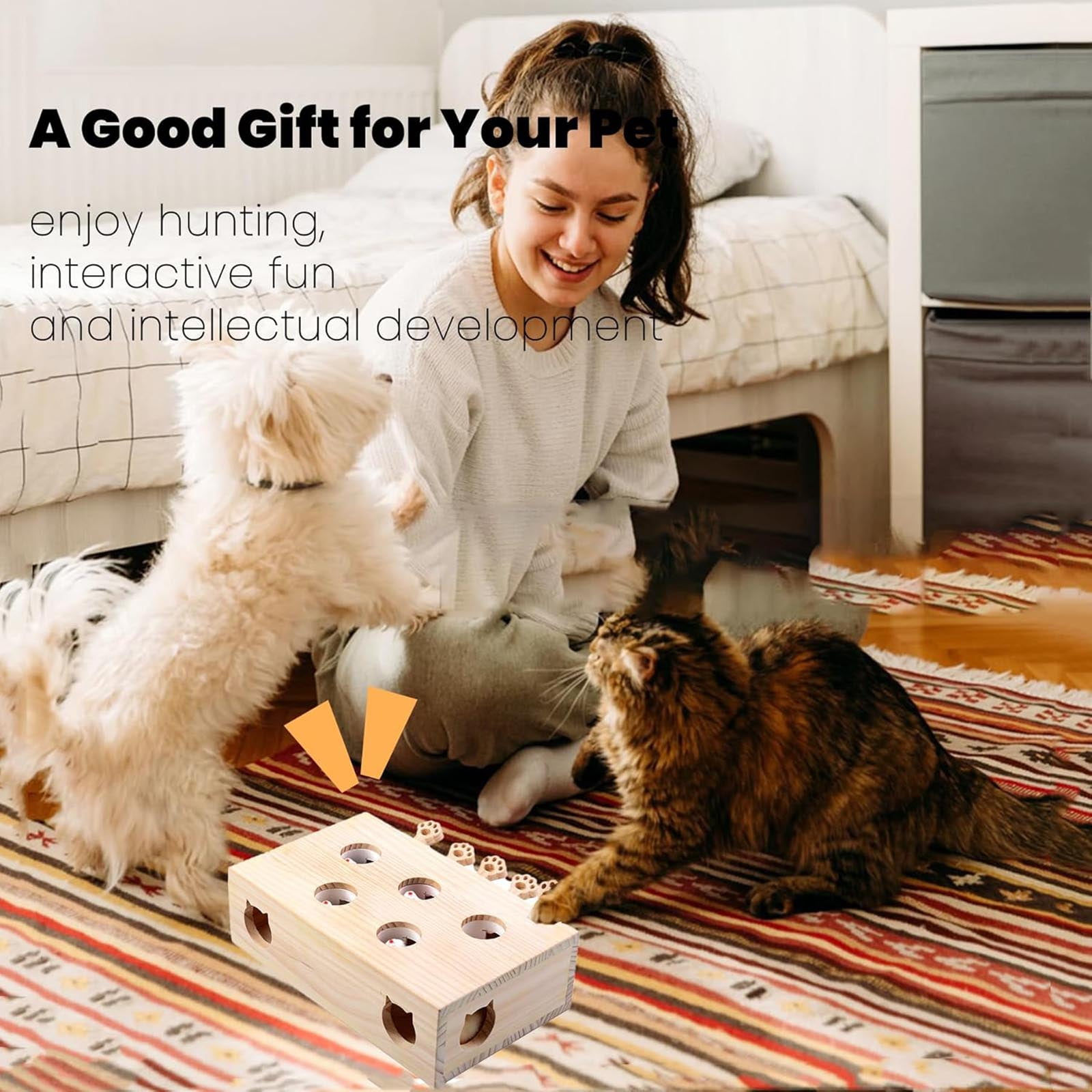 Cat Puzzle Toy Box - Solid Wood Whack-A-Mole Interactive Toy for Cats with Clicker Sound, Hide-and-Seek Design - Indoor Cats, Kittens for Boredom Relief, Mental Stimulation, Playtime Engagement
