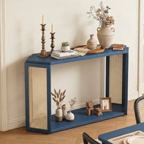 CATLK 53.54" Rattan Console Table with Open Shelf, Narrow Sofa Table Entryway Table for Hallway, Living Room, Antique Blue