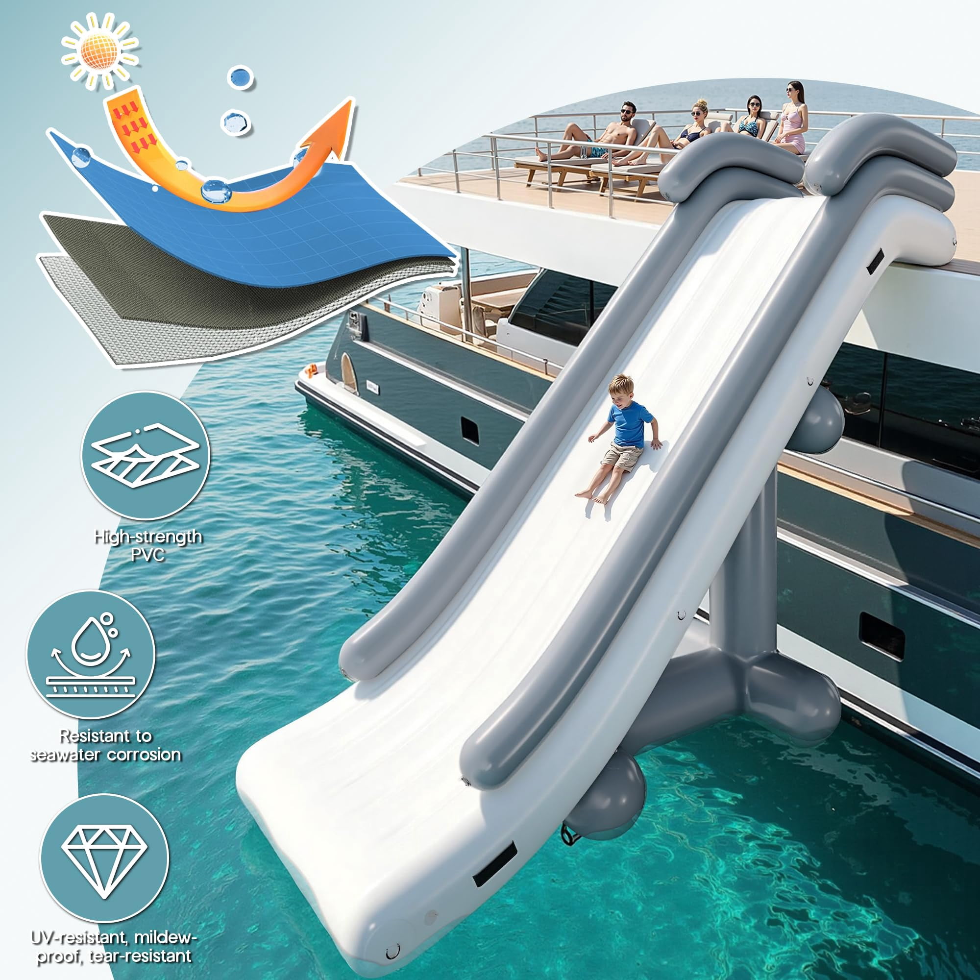 Jocisland 16Lx5.3Wx11.5H ft Commercial Inflatable Yatch Water Slide, Grey & White, Outdoor Waterfall Slide for Adults & Kids, Easy Setup Lake