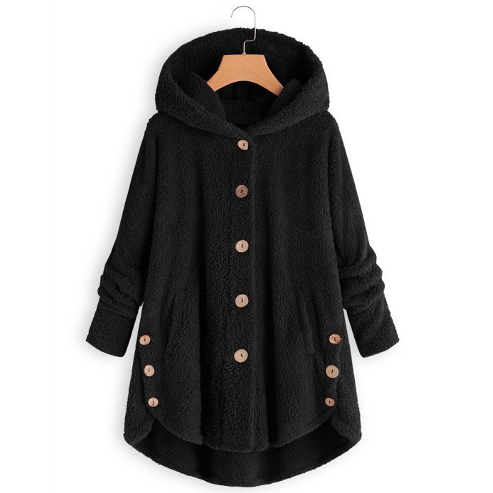 Winter Coats for Women with Hooded Plus Size S-5X Fleece Casual Long Sleeve Button Up Jackets Solid Warm Wool Irregular Hem Outerwear