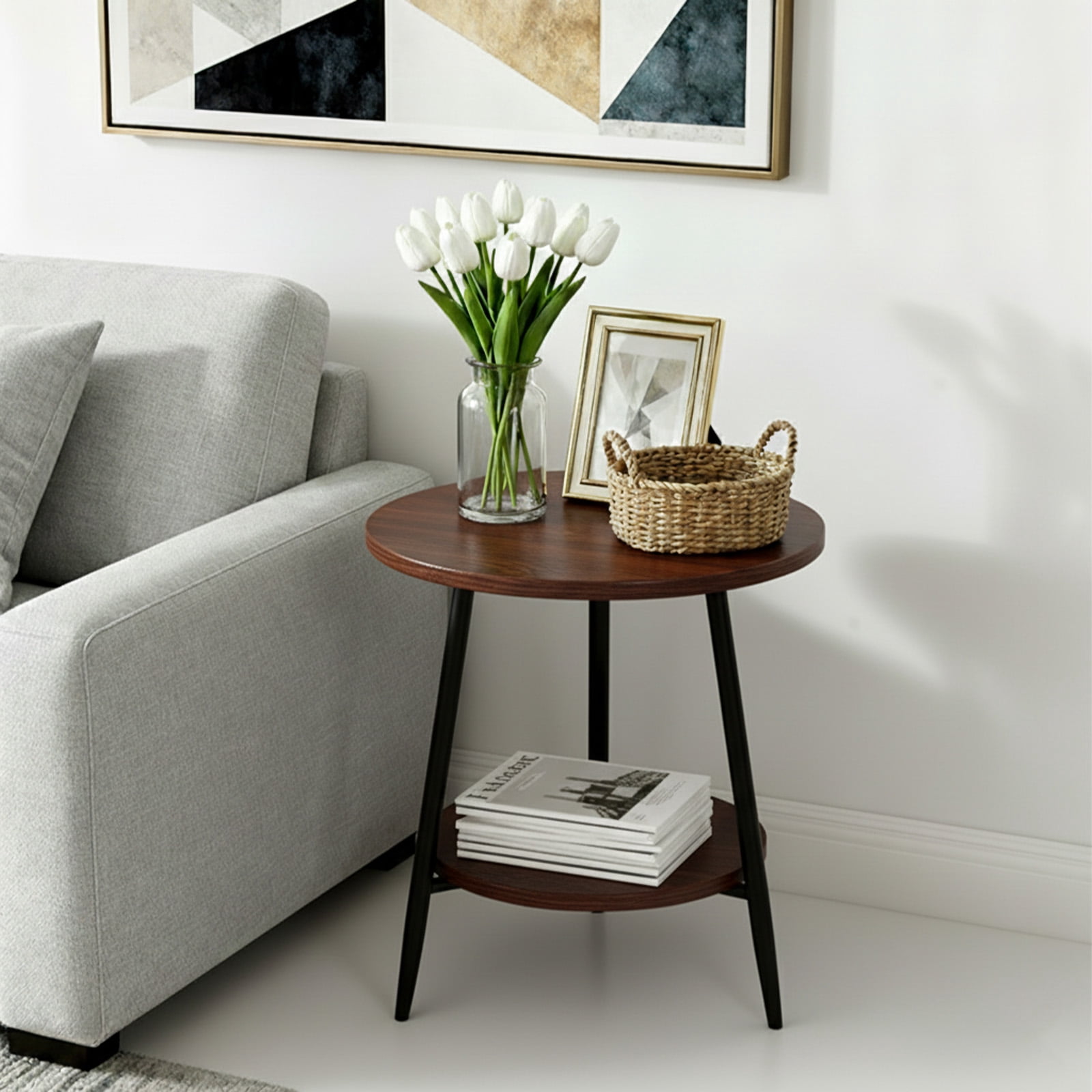 PinkSheep Round End Table, 2 Tier Small Side Table Accent Table Tray Table with Storage for Living Room Bedroom Small Spaces, Walnut with Black