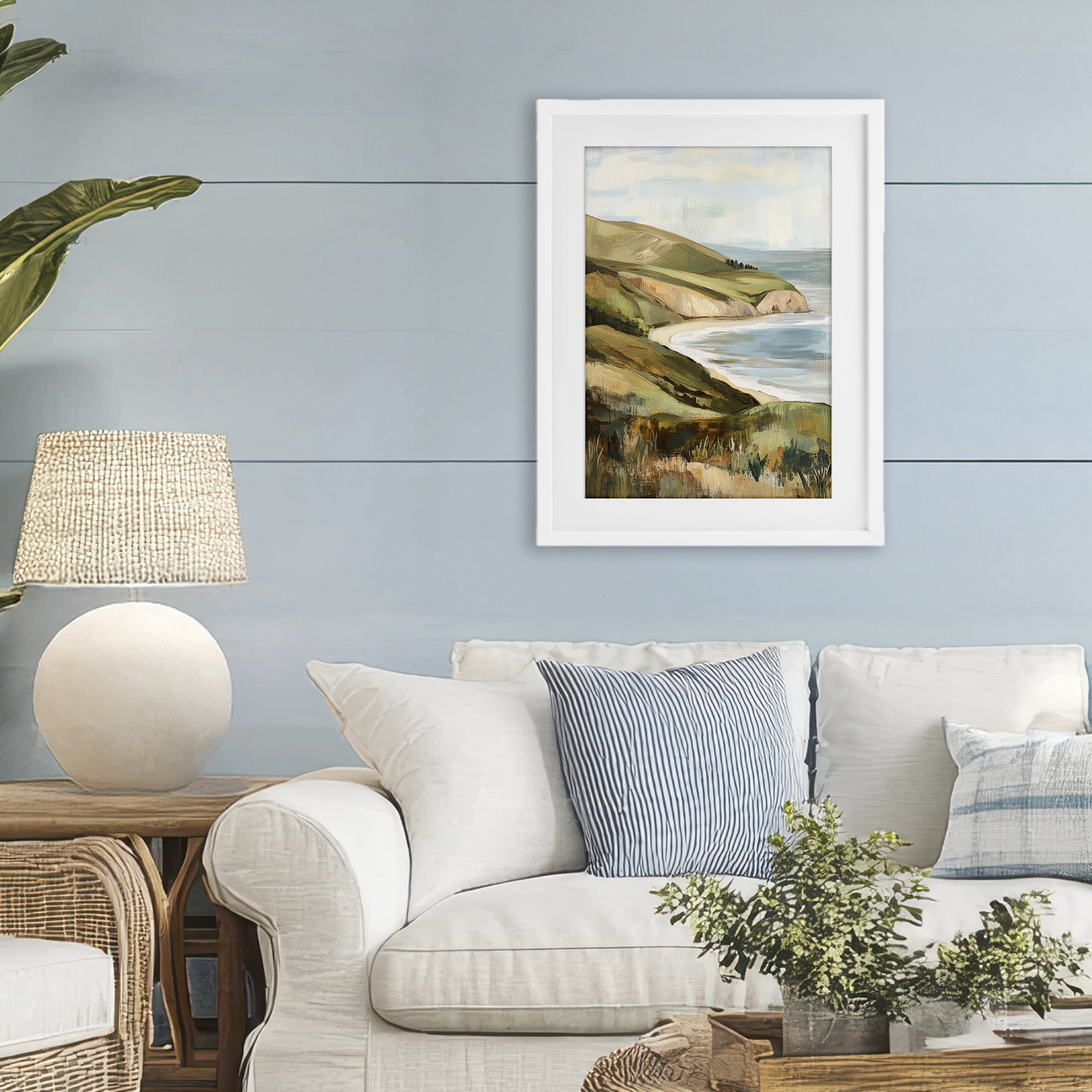 Stupell Industries Painted Cliffside Coastal Morning Light White Framed Print Under Glass, design by Petal Prints Design