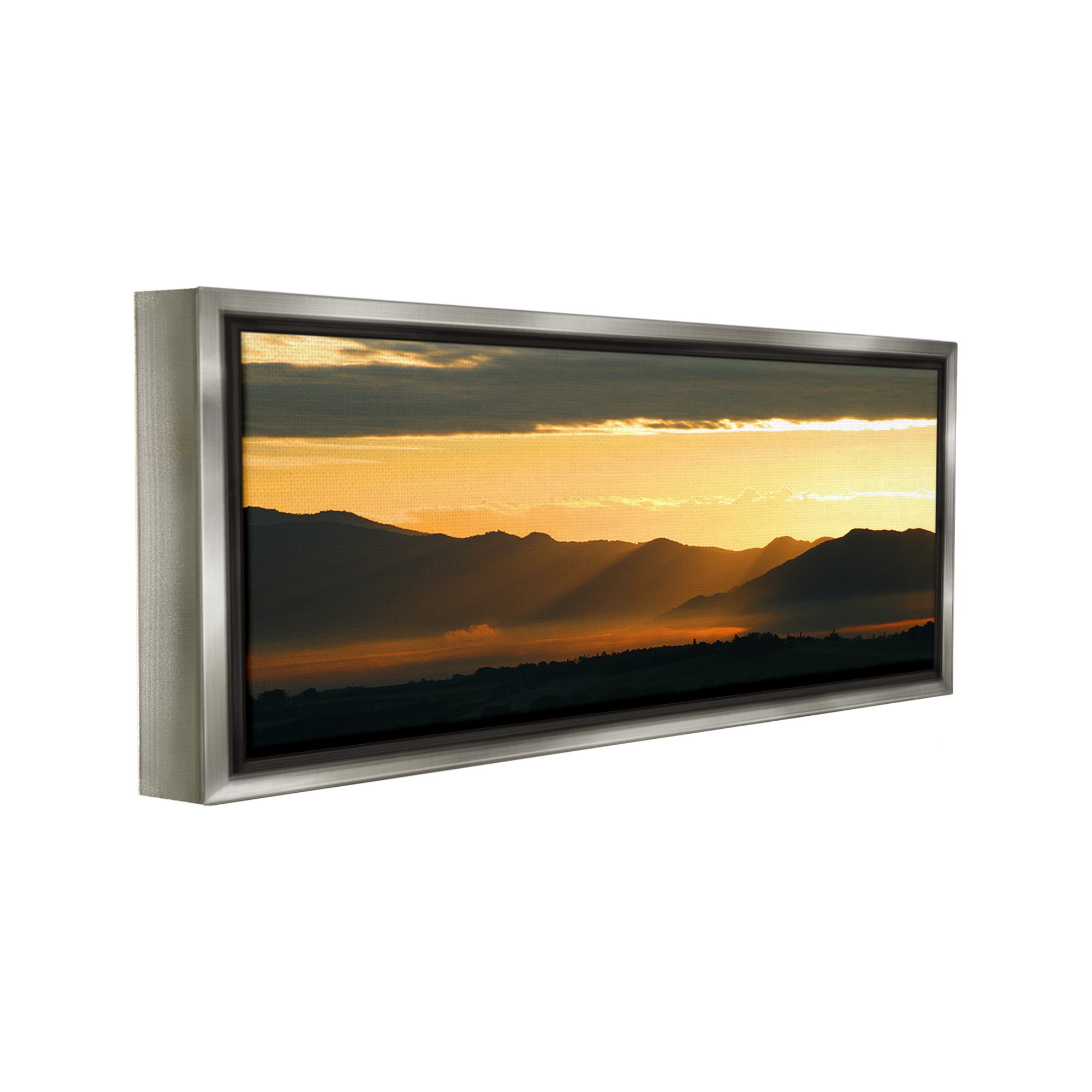 Stupell Industries Sun Rays Over Mountains Landscape Photography Gray Floater Framed Canvas Art Print Wall Art, 31 x 14