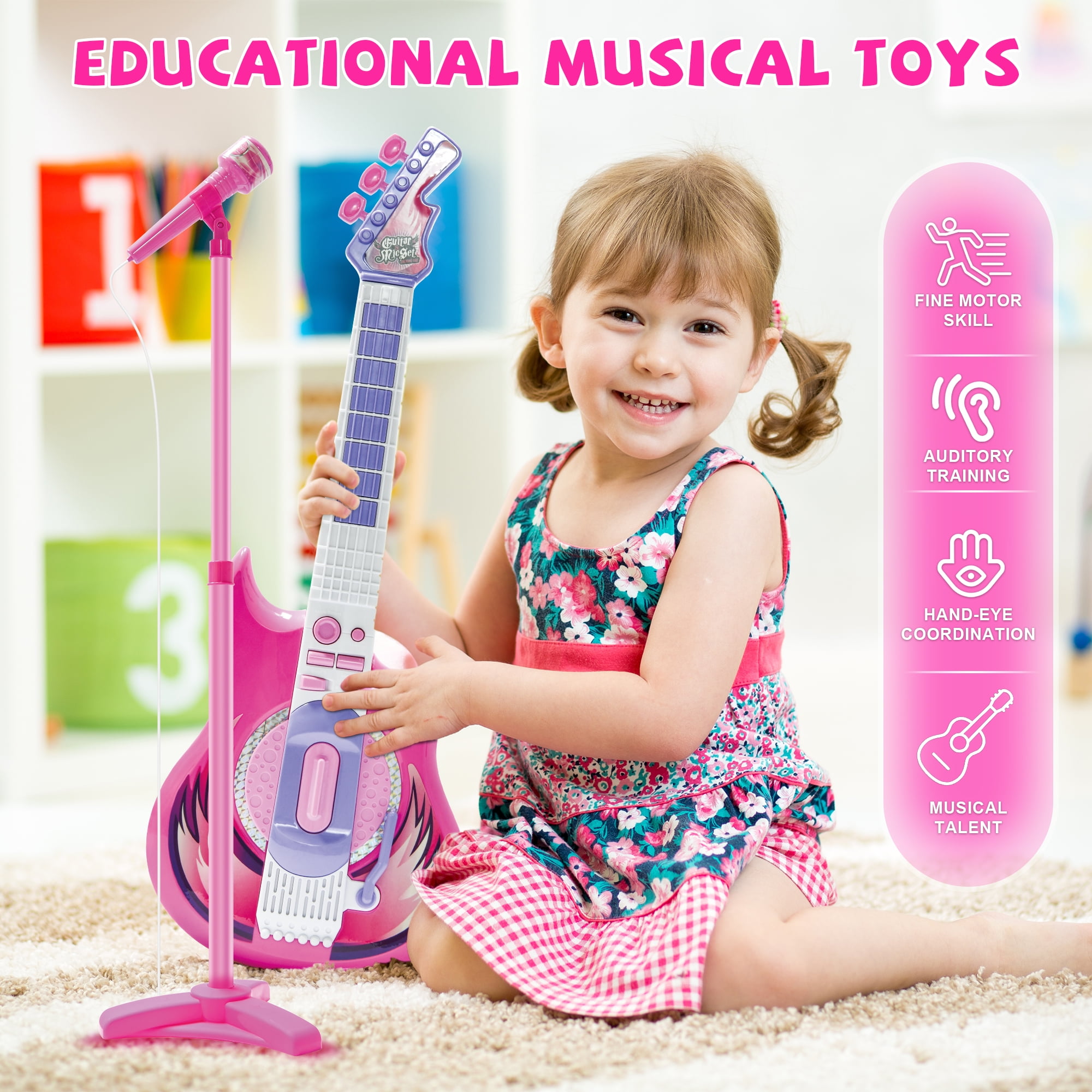 Contixo TG4 Kids Guitar and Microphone Set, Music Toys Starter Kit with Adjustable Stand, Purple