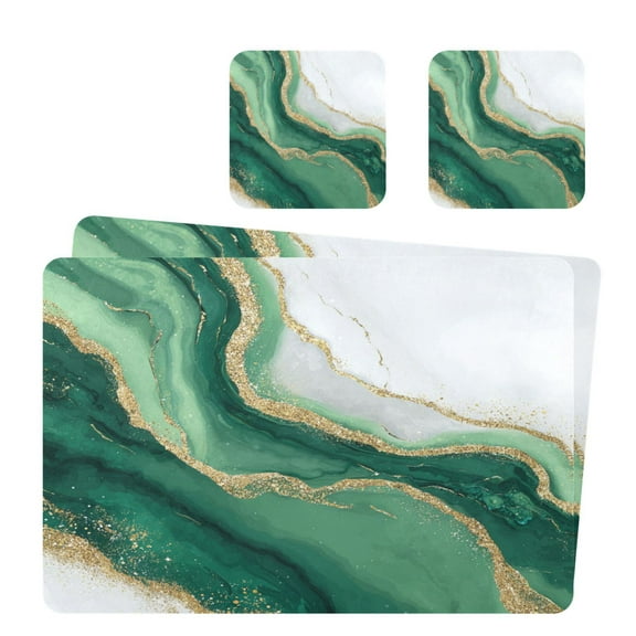 Square Leather Placemat Set One SizeX2 Heat-Resistant Washable Kitchen Table Decorations Alluring Gold-green Marble