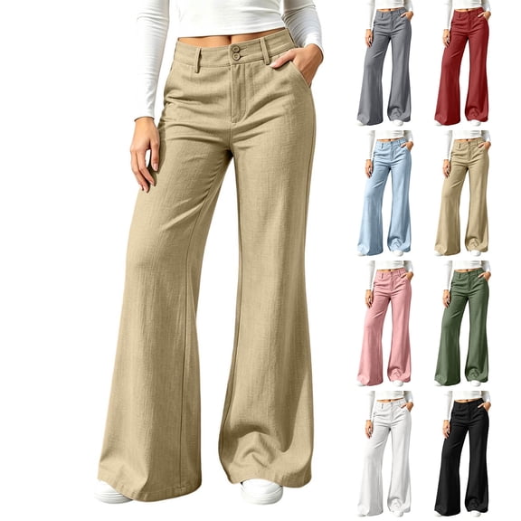 HomeDM Bootcut Pants for Women Cotton Blend High Waisted Casual Dress Pants Khaki Loose Flare Lounge Work Trousers Size L