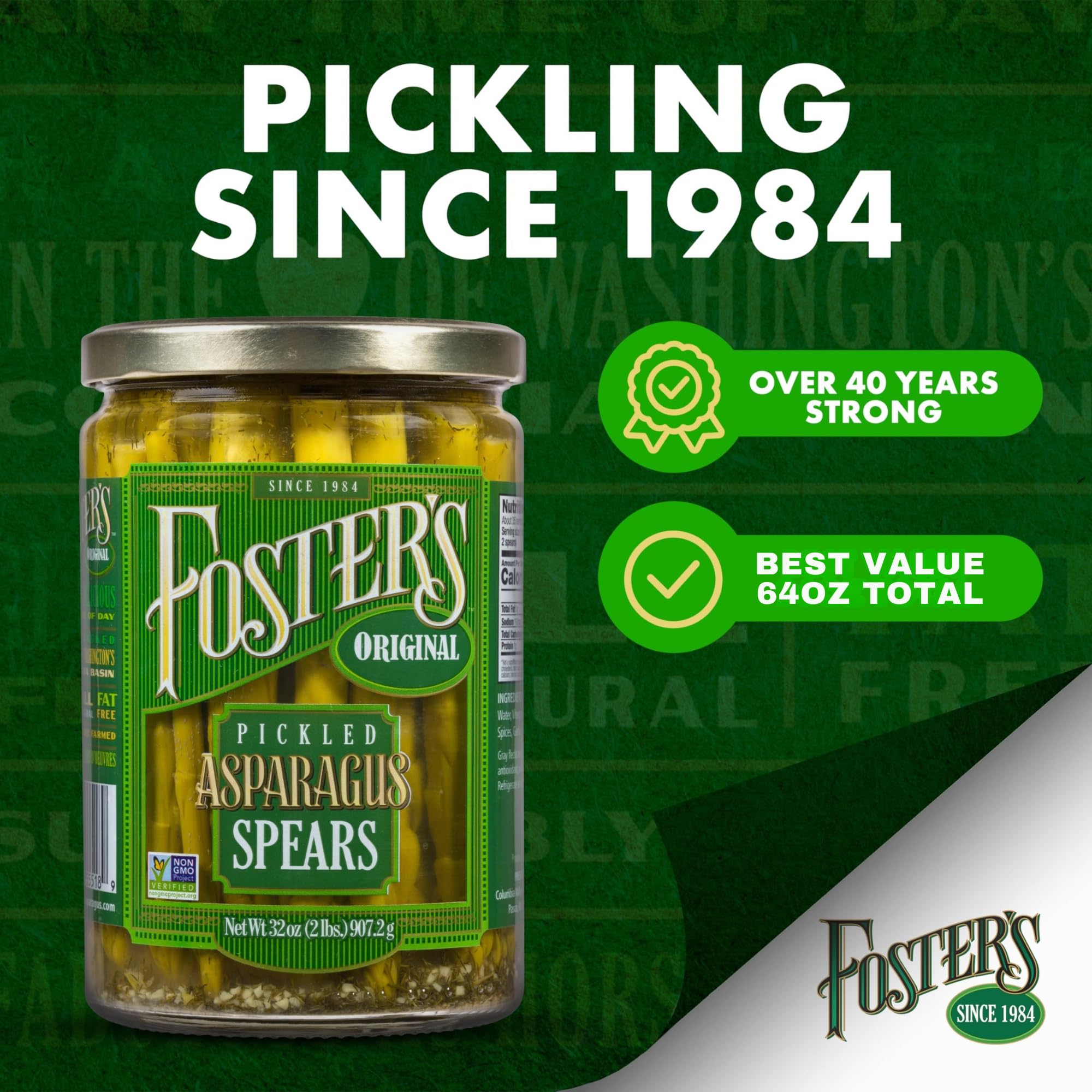 Foster's Pickled Asparagus Spears in a Jar, Original, 32oz, 2 Pack, Traditional Pickled Vegetables Recipe for over 40 years, Low Calorie Snack, Gluten Free, Fat and Preservative Free Pickles
