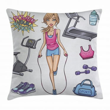 Fitness Throw Pillow Cushion Cover, Beautiful Young Cartoon Girl Working Out at Gym Bike Treadmill Outfits and Quote, Decorative Square Accent Pillow Case, 20 X 20 Inches, Multicolor, by Ambesonne