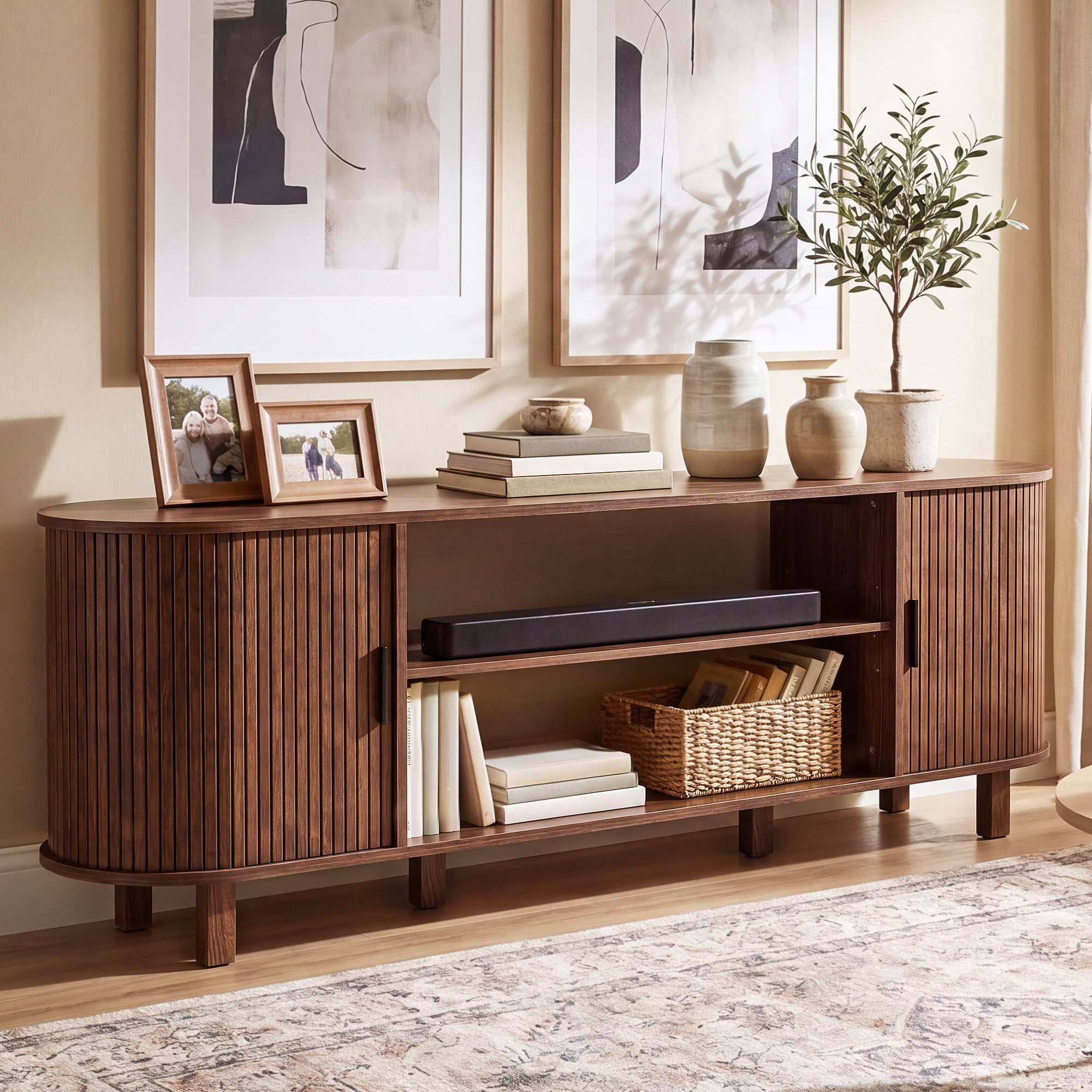 Uforic 70 Inch Mid Century Modern TV Stand with Fluted Rolling Doors and Adjustable Shelves, Fits Up to 75 Inch TV for Living Room, Walnut