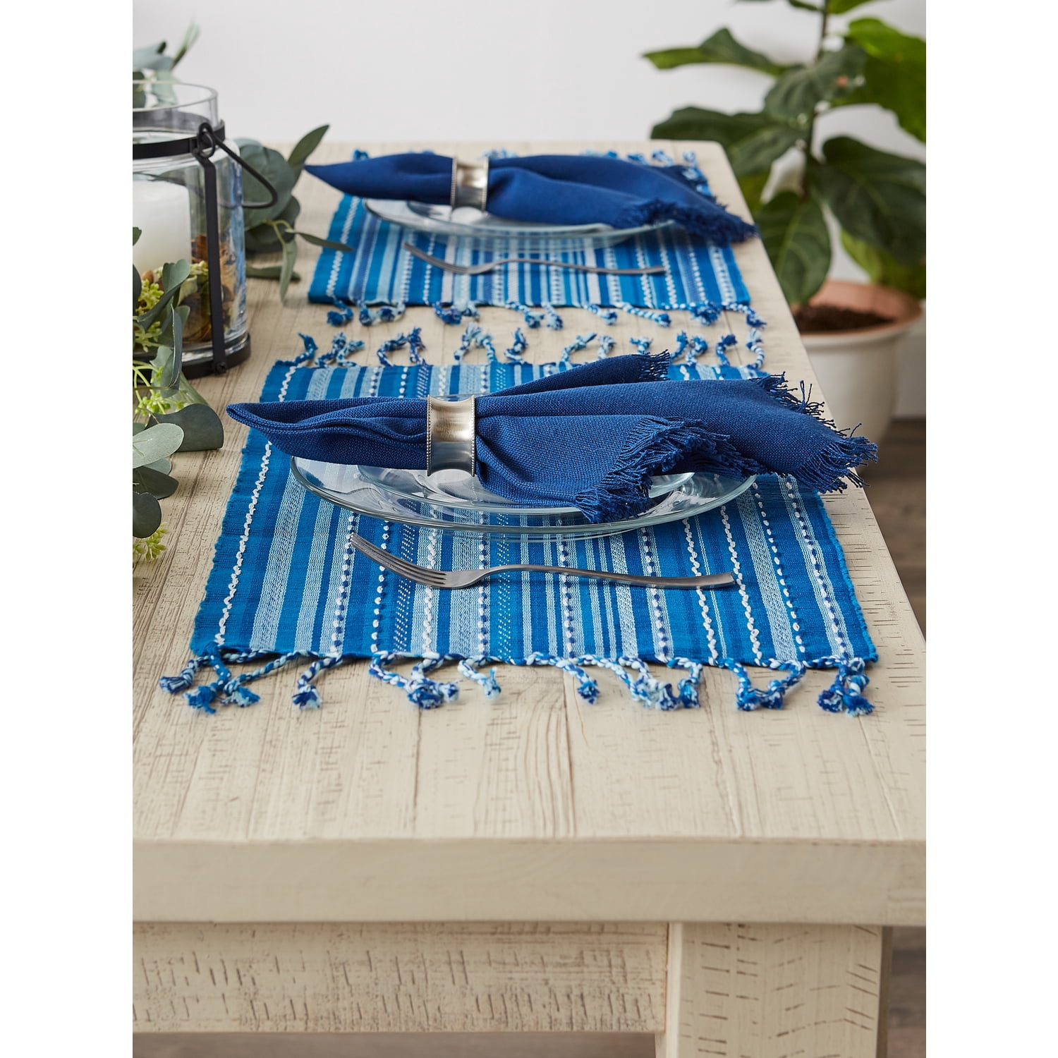 Blue Tonal Stripe With Fringe Placemat (Set of 6)