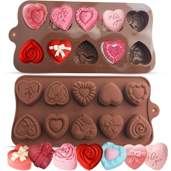 2PCS Heart Chocolate Molds, 10-Design Love Rose Silicone Molds, Non-Stick Baking Molds for DIY Chocolate, Candy, Gummy, Ice Cubes