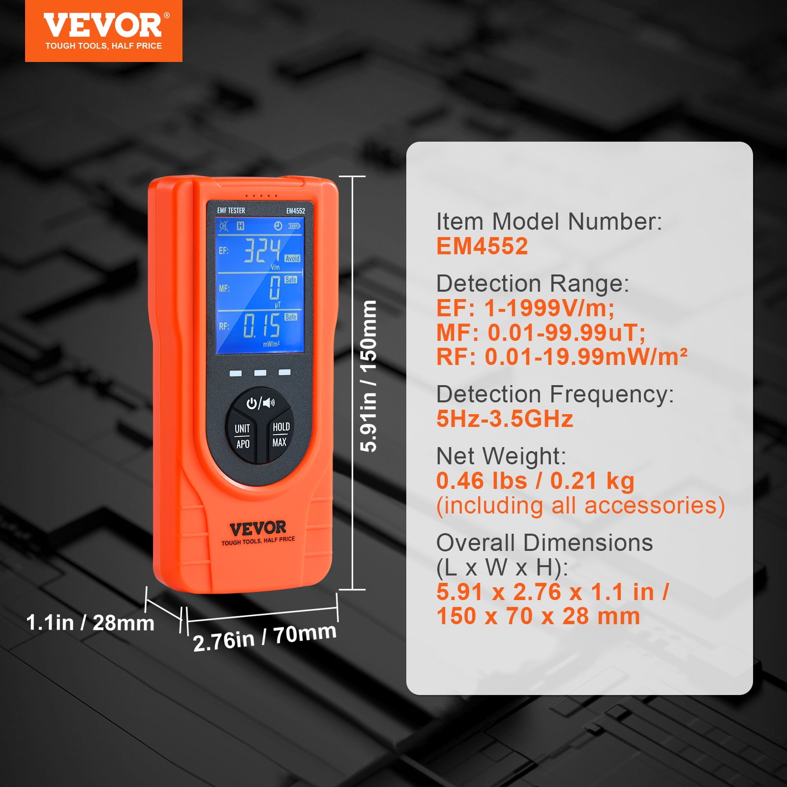 KFFKFF Digital LCD 3-in-1 EMF Meter Electromagnetic Radiation Detector EF MF RF