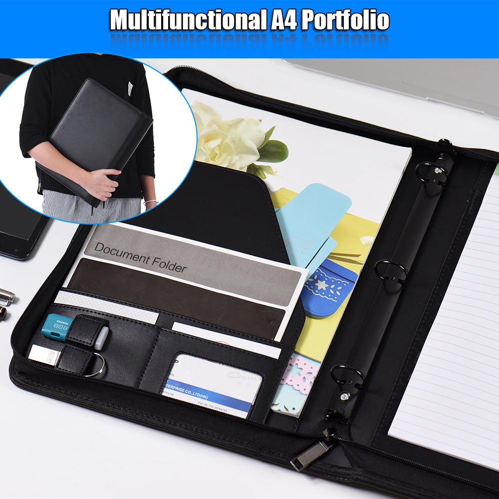walmeck Multifunctional Professional Business Portfolio Padfolio Folder Document Case Organizer A4 PU Leather Zippered Closure Loose- Loop with Business Card Holder Memo Note Pad