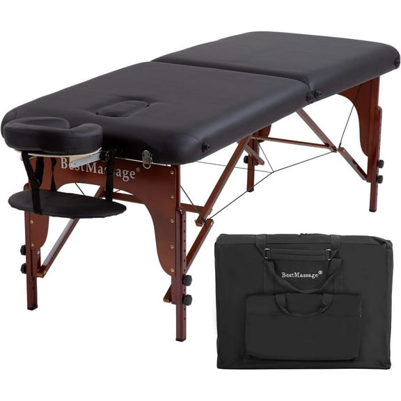 73 Inch Massage Table Portable Massage Bed 2 Fold  Adjustable Spa Bed Facial Cradle Salon Bed with Wooden Legs & Carry Case, Black