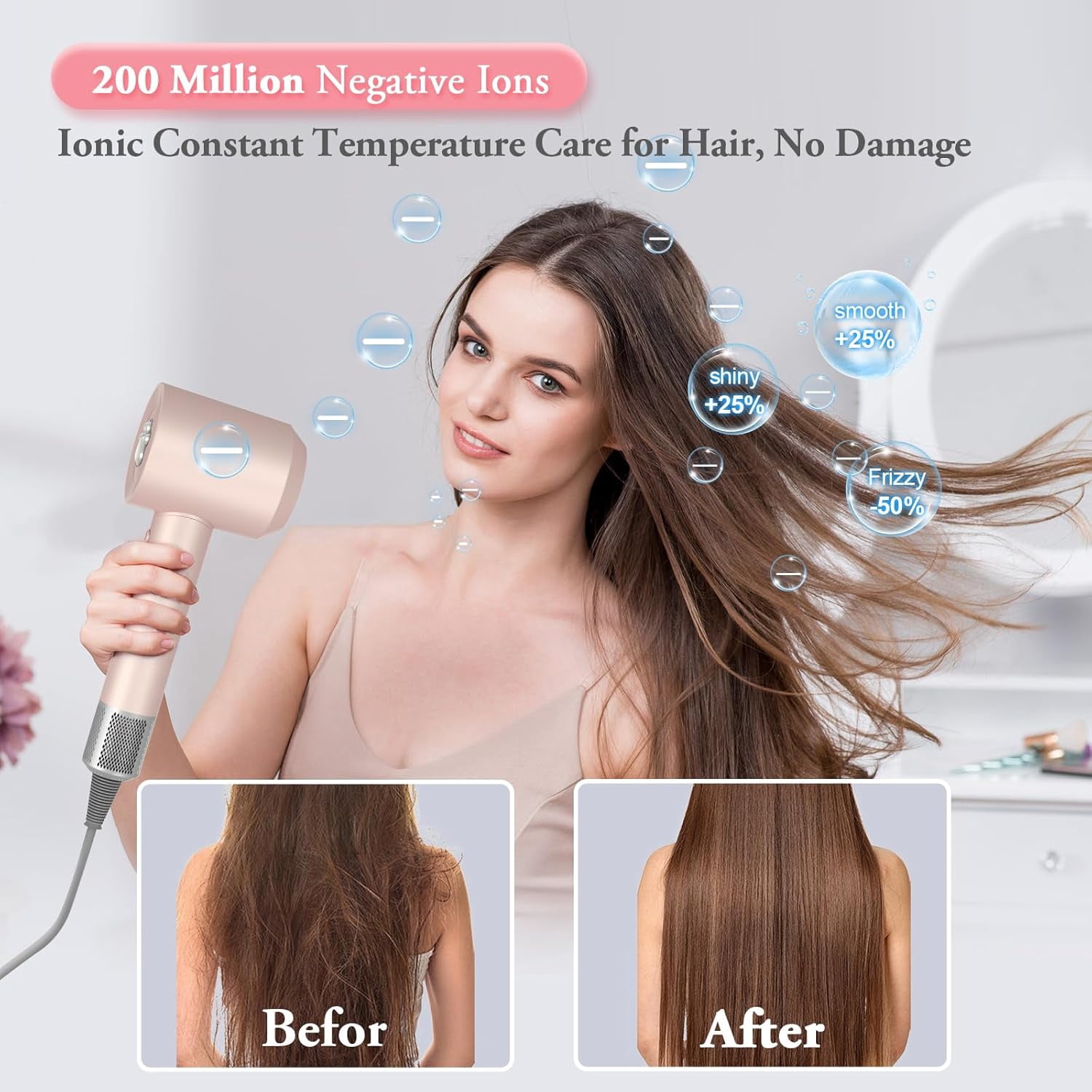 Makeatree Hair Dryers for Women, Fast Drying 1300W Ionic Hair Blow Dryer for Styling Curly Straight Hair,Professional Low Noise Lightweight Design for Home Travel (Pink)