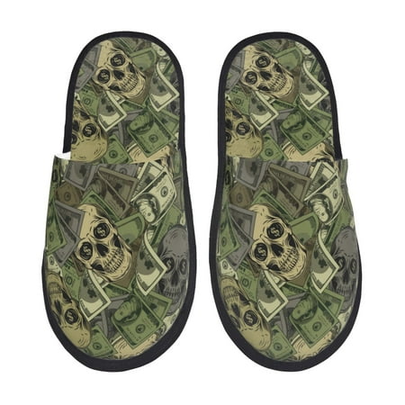 Balery Green Skulls Slient Indoor Furry Fleece Comfort House Shoes Soft Non-Slip Home Shoes Cotton slippers House Slippers-- Large