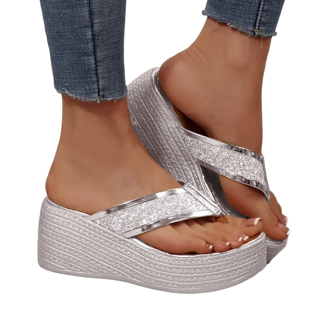 Women's Rhinestone Platform Wedge Flip Flops Comfortable Non Slip Slide Sandals Clip Toe Glitter Slippers Silver Size 8