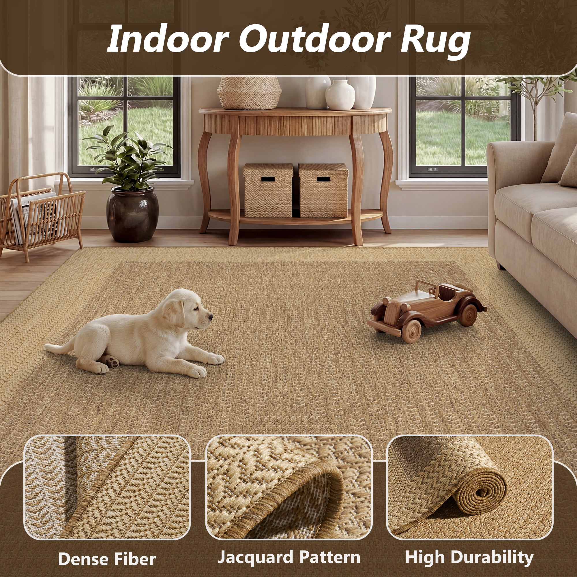 SIXHOME Outdoor Rugs 8'x10' Patio Rug Geometric Bordered Indoor Outdoor Rugs Polypropylene Washable Non Shedding, Easy Clean, Waterproof, Durable Outdoor Carpet for Porch Balcony Deck Neutral Brown