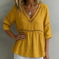 thumbnail image 6 of Women's V Neck T Shirts 3/4 Sleeve Blouse Summer Tops Dressy Casual Loose Fit Basic Tees by Yigetop Yellow M, 6 of 6
