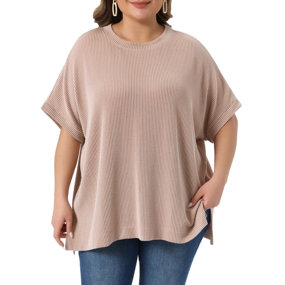 DARING DIVA Women's Plus Crew Neck Loose Fit Striped Summer Blouse 1X Khaki