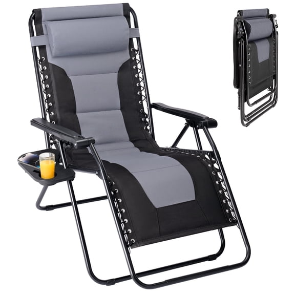 EDX Zero Gravity Chair XL Padded Folding Outdoor Recliner with Headrest & Cup Holder Tray, Adjustable 0–170°, Heavy Duty Steel Frame, Patio Lawn Beach Lounge Chair, Gary