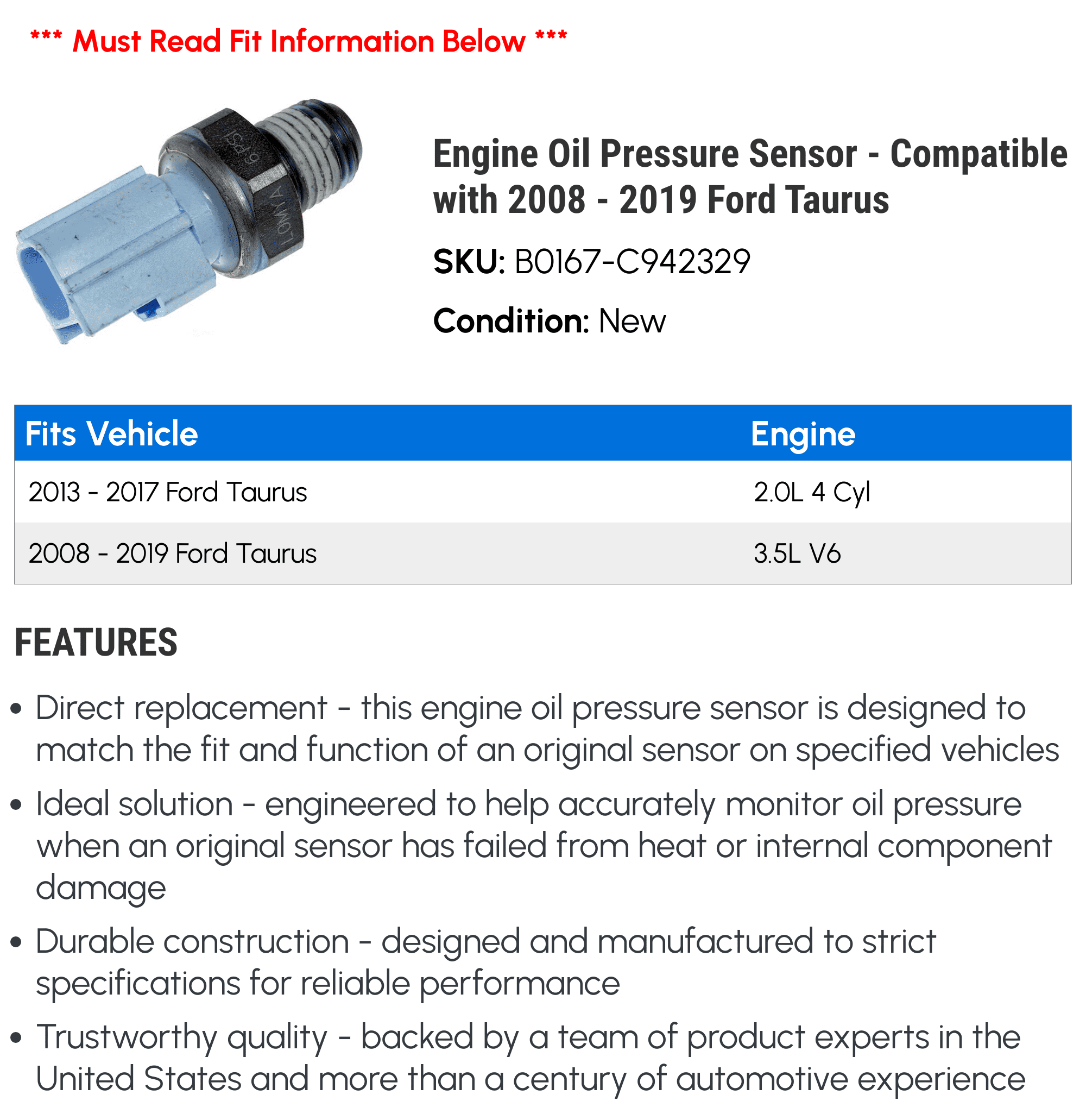 Engine Oil Pressure Sensor - Compatible with 2008 - 2019 Ford Taurus - Dorman
