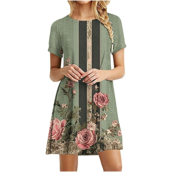 Ruimatai Women's Vintage Floral Print Dress Short Sleeve Round Neck Casual Summer Dress Comfortable Polyester Home Daily Wear S M L XL XXL