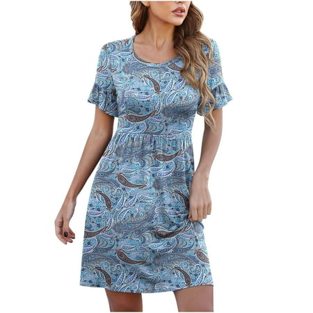 

Juebong Women s Summer Casual Ruffle Short Sleeve Loose Swing Printing T-Shirt Dresses Party Dress