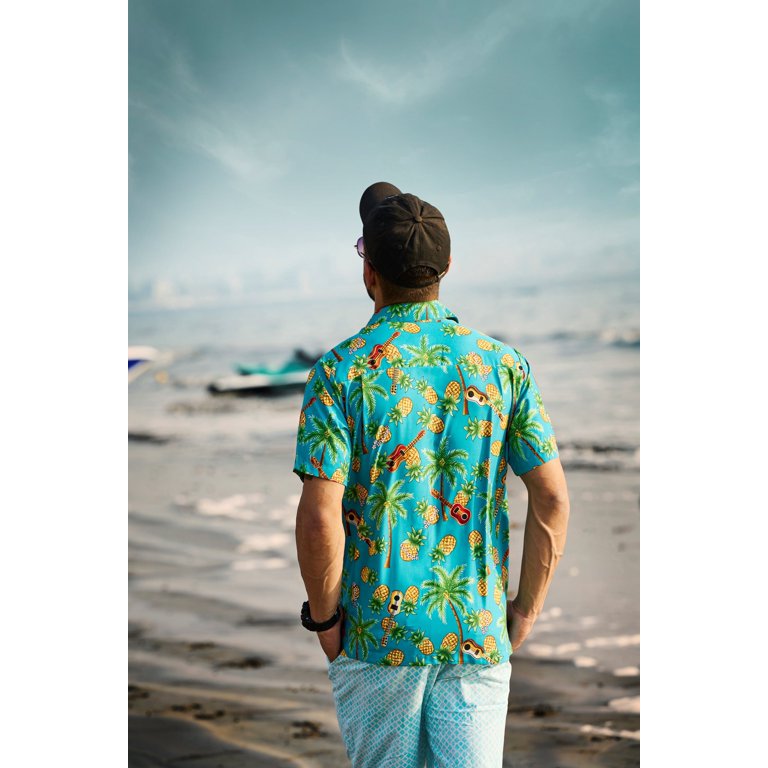 Eclectic Purple Tropical Shirt V.H.O. Funky Hawaiian Blouse Shirt Casual Men Front Pocket Button Down Very Loud Shortsleeve Unisex Beach Multi Colors, Yellow, Medium Beach Casual Short Sleeve Shirt