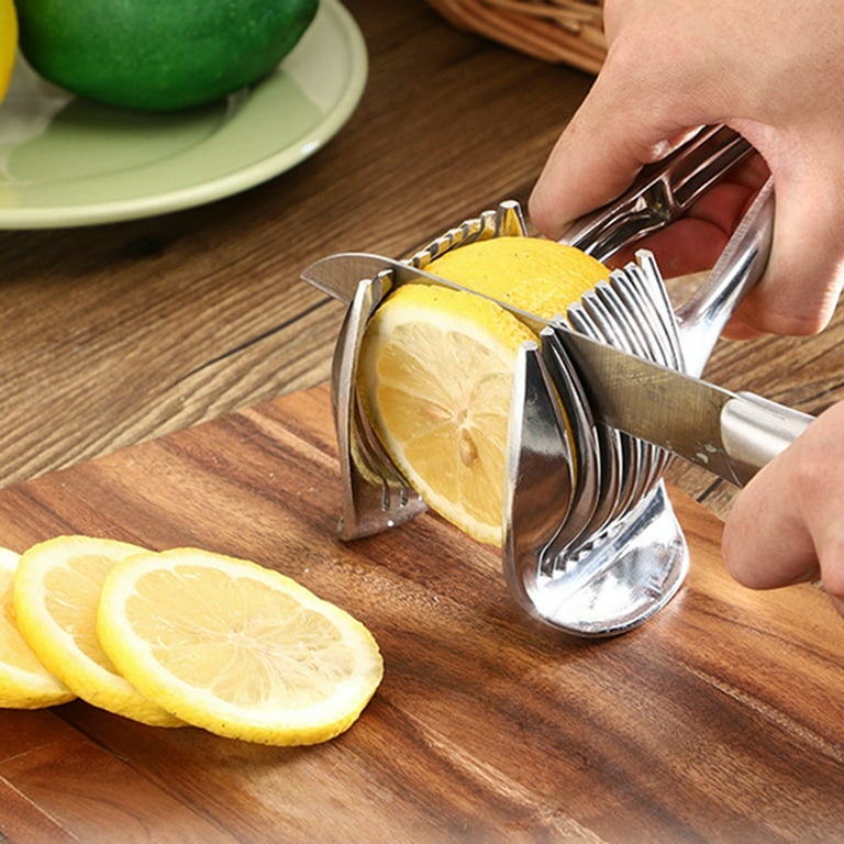 Lemon Cutter,Multipurpose Handheld Round Fruit Tongs Easy Slicing Kiwi Fruits Tools,Kitchen Cutting Aid Gadgets Tool, Silver