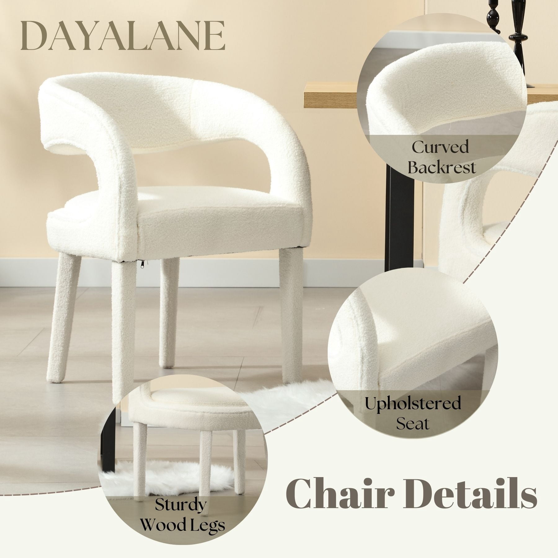 Dayalane Modern Upholstered Dining Chairs Set of 2, Sherpa Barrel Accent Chairs with Open Back and Arms, Comfy Kitchen & Dining Room Chairs with Wood Legs for Living Room/Bedroom,White