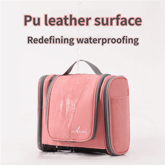 Arcticwind Travel Toiletry Makeup Bag,Large Capacity Travel Makeup Case Organizer PU leather storage bag waterproof hanging With Handle and Divider for Full Sized Toiletries and Cosmetics(Pink)