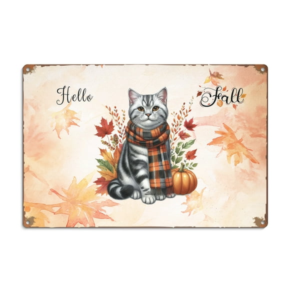 Hello Fall American Shorthair Scarf Welcome Autumn with Leaves Pumpkins Horizontal Metal Aluminum Sign Cat Lover Kitten Owner Gifts Wall Art Home Decor - 00011