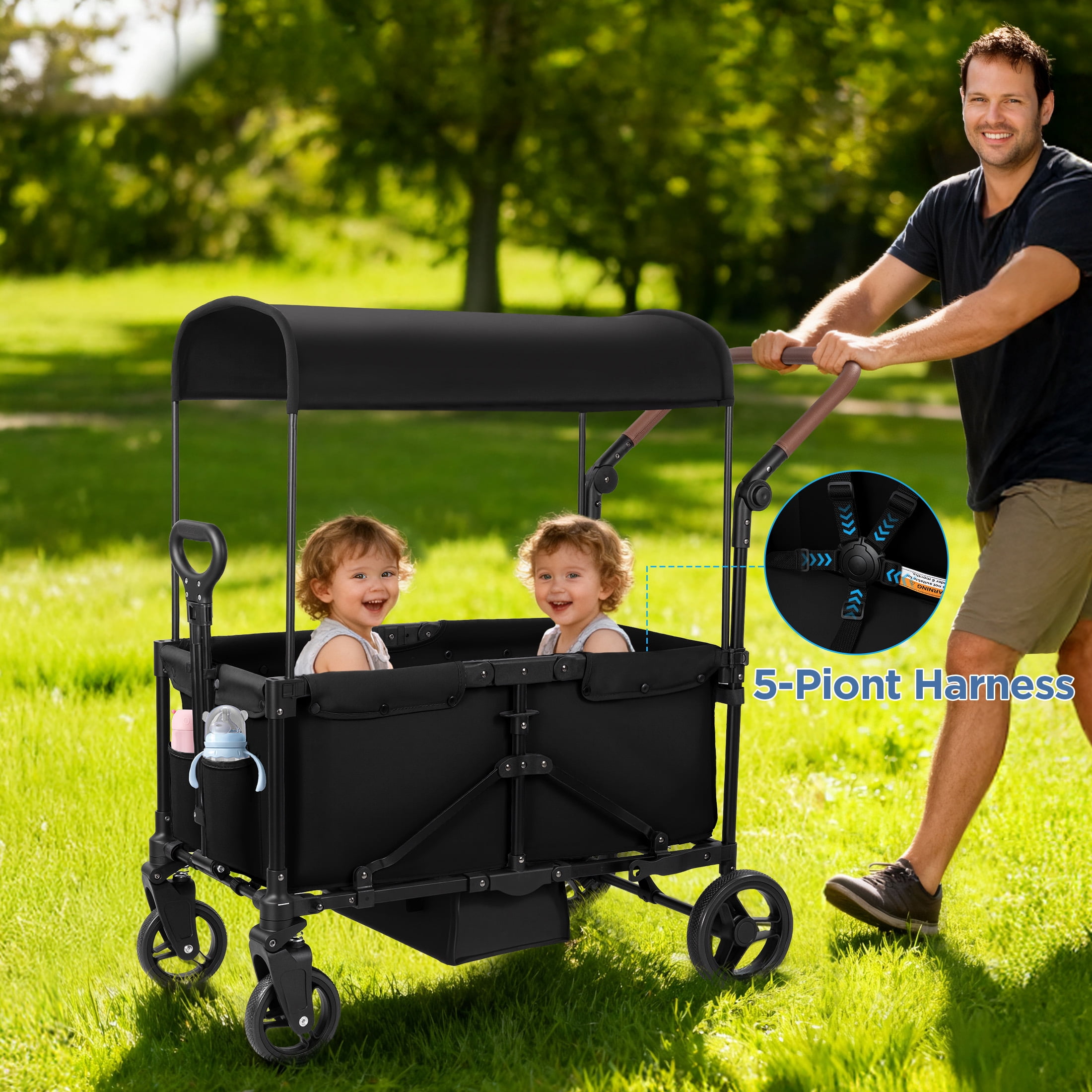 Tripland Wagon Stroller for Kids, 2-Seater Outdoor Baby Stroller with Canopy,Pull & Push Handle,Black