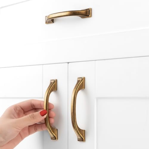 10 Pack Antique Brass Cabinet Pulls 3 Inch Vintage Brass Cabinet Handles Antique Brass Hardware for Kitchen Cabinets 8222 Drawers Bedroom Dresser Bathroom Vanity Cupboard