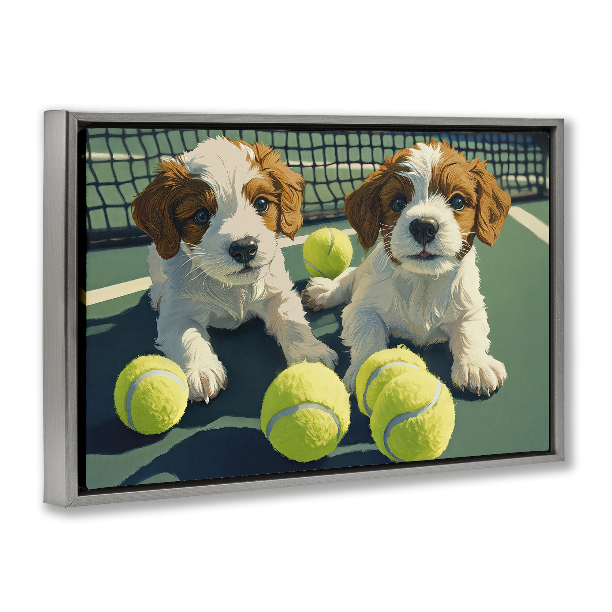 Stupell Industries Playful Puppies with Tennis Balls Gray Framed Floater Canvas Wall Art, design by Imagine It Images