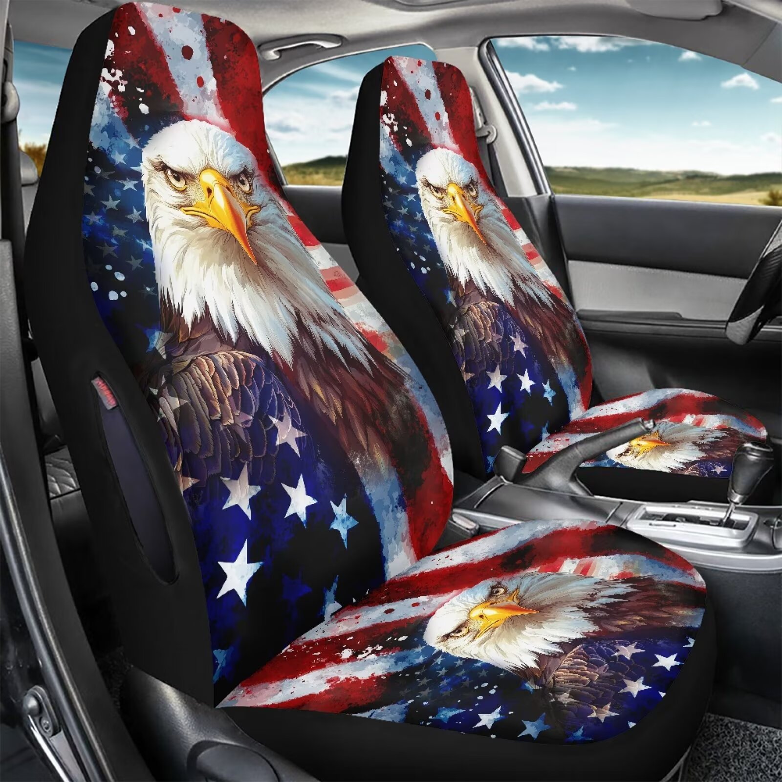 Binienty Eagle American Flag Car Seat Covers Front Seats Airbag Safe Side Airbag Compatible Car Seat Cover Protector Patriotic Auto Accessories for Cars SUV Truck Van