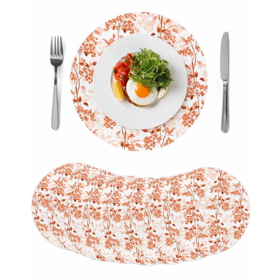 Burnt Orange Botanical Round 15 Inch Placemats Set of 8, Vintage Nature Flower HeatResistant Non Slip Place Mats for Dining Table, Wipeable Braided Kitchen Table Mats for Housewarming