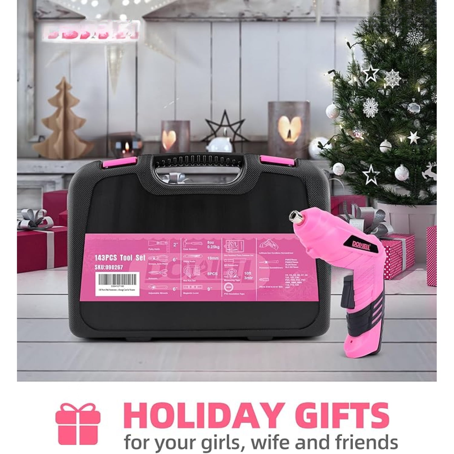 147 Pcs Pink Tool Kit with 12V Cordless Drill with 3/8" Keyless Chuck for Women, Home, Men, Built-in LED, Type-C Charge Cable