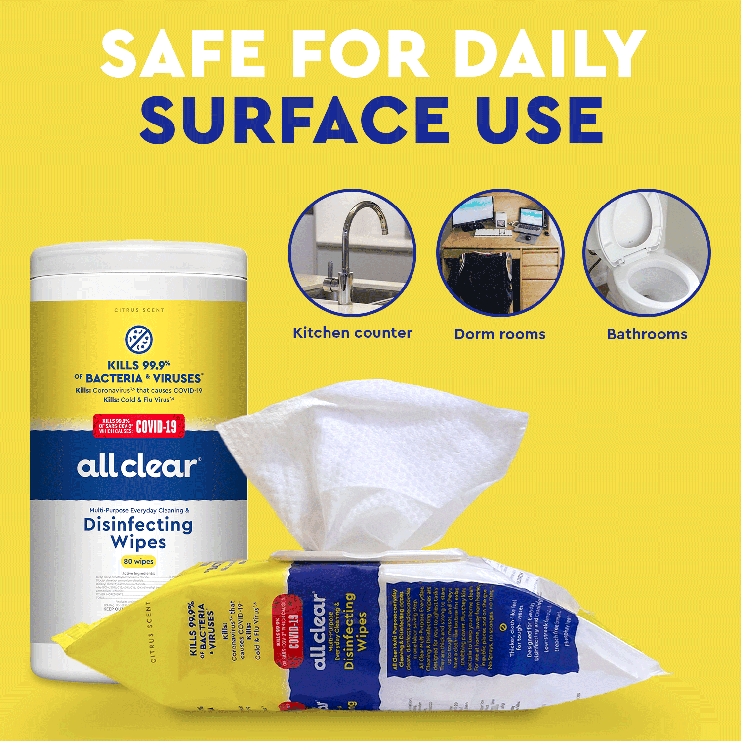All Clear Disinfectant Cleaning Wipes, Citrus Scent, 240 Count, 3