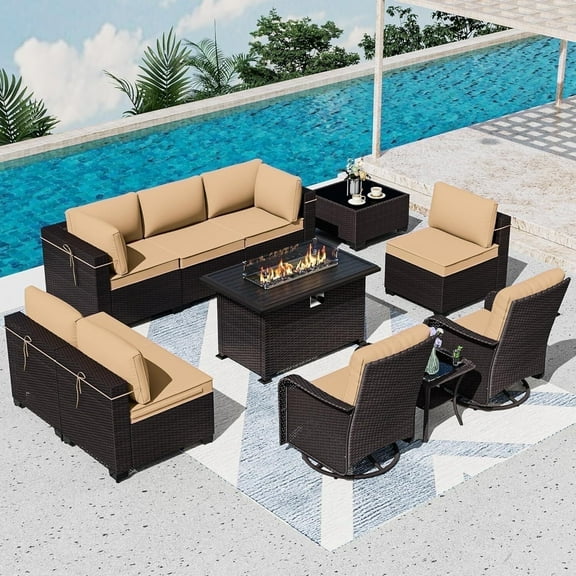 ASJMR 11 Pieces Wicker Patio Furniture Set with 43" Gas Fire Pit Table & 2 Swivel Chairs,Outdoor Rattan Sectional Sofa Conversation Set With Cushions & Tables,Sand