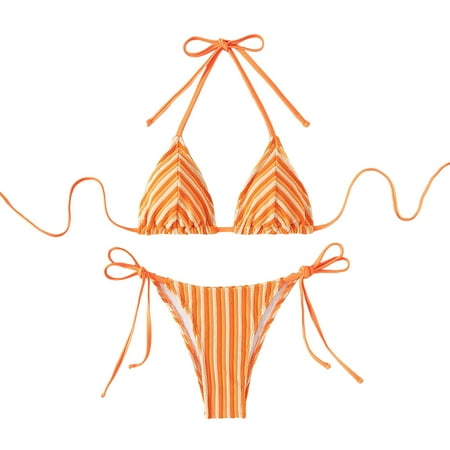 Rigardu Hot Sale!! Bikini Set for Women Two Piece Swimsuits V Neck Low Rise Crisscross Back Self Tie Spaghetti Straps Women s Terrycloth Swimsuit Summer Bikini Set with Chest Pad Orange L