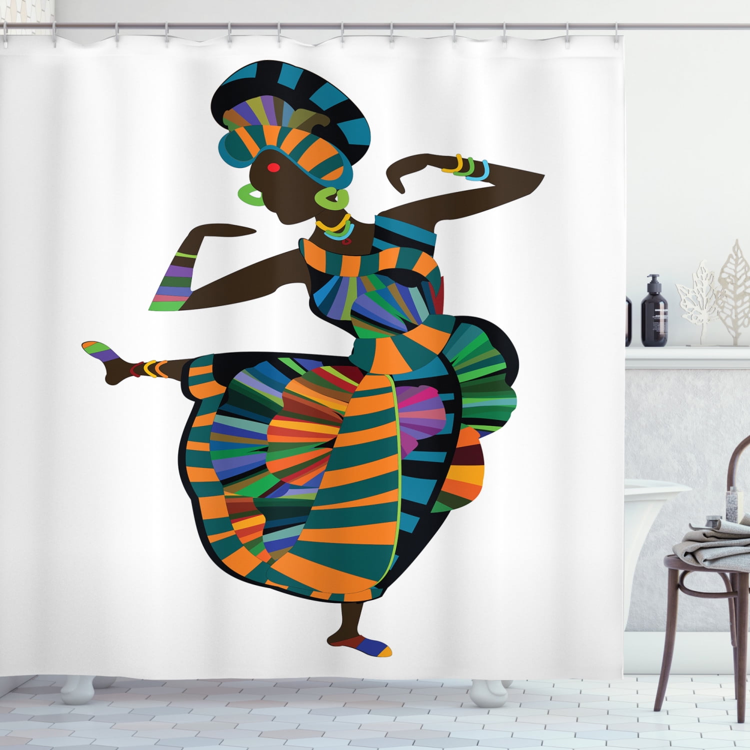 African Woman Shower Curtain, Black Girl in a Traditional Dress Performing an Ethnic Dance