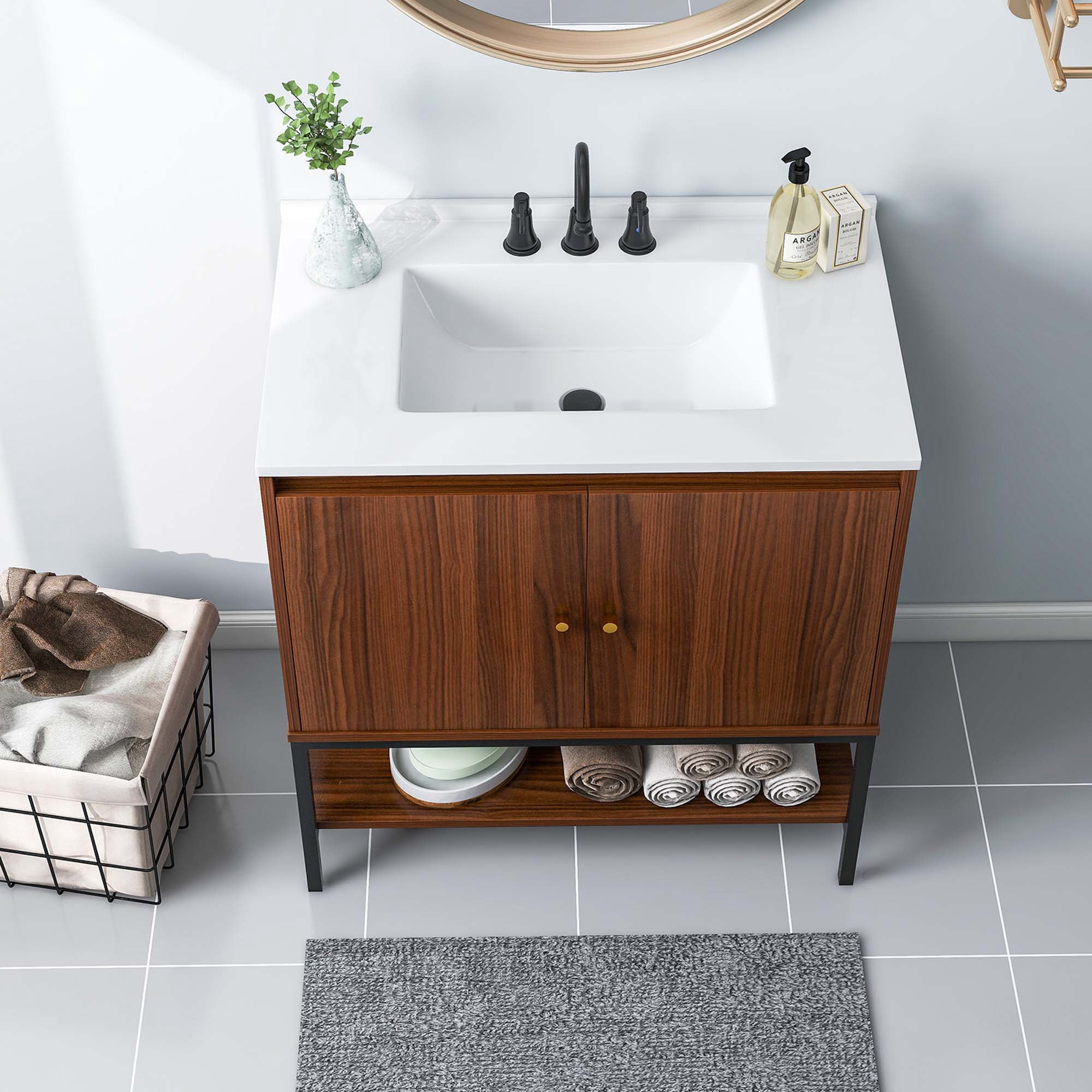Costway 31" Bathroom Vanity Sink Combo Wooden Bathroom Storage Cabinet with Doors Walnut